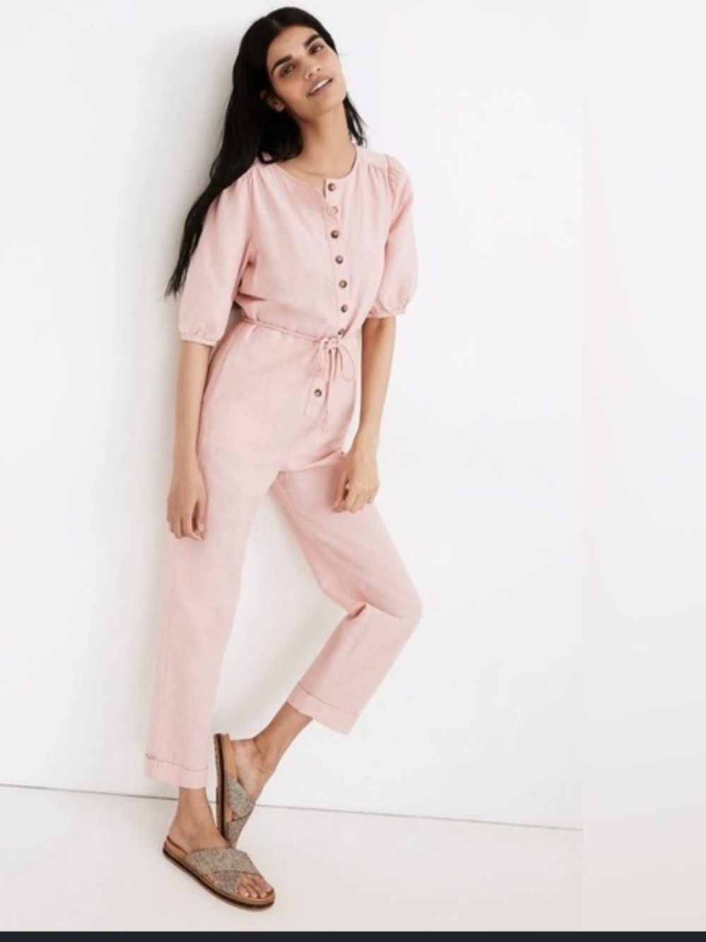Madewell Dusty Rose Button-Front Linen Blend Jumpsuit